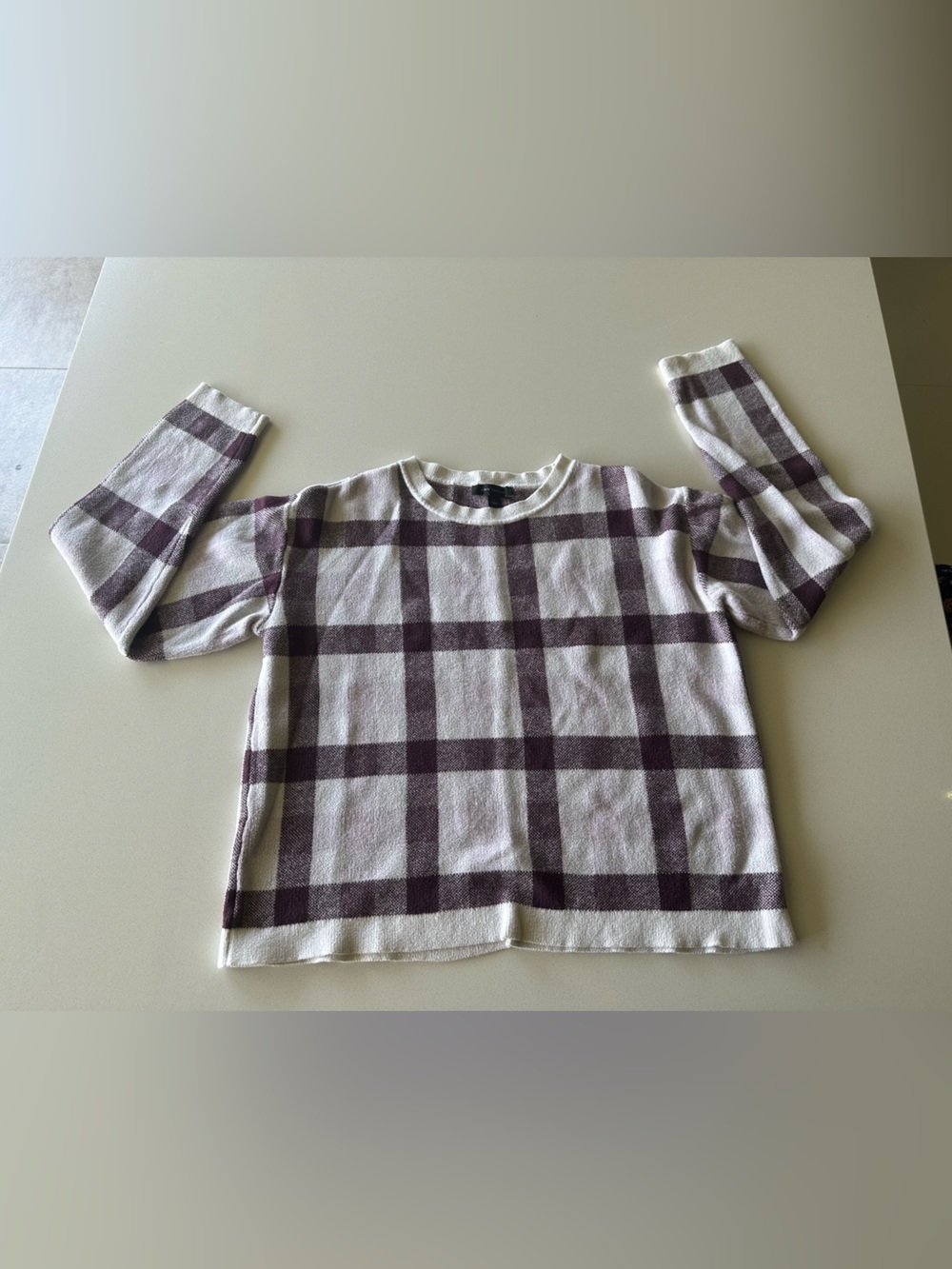 Ann Taylor Cream and Plum Plaid Sweater
